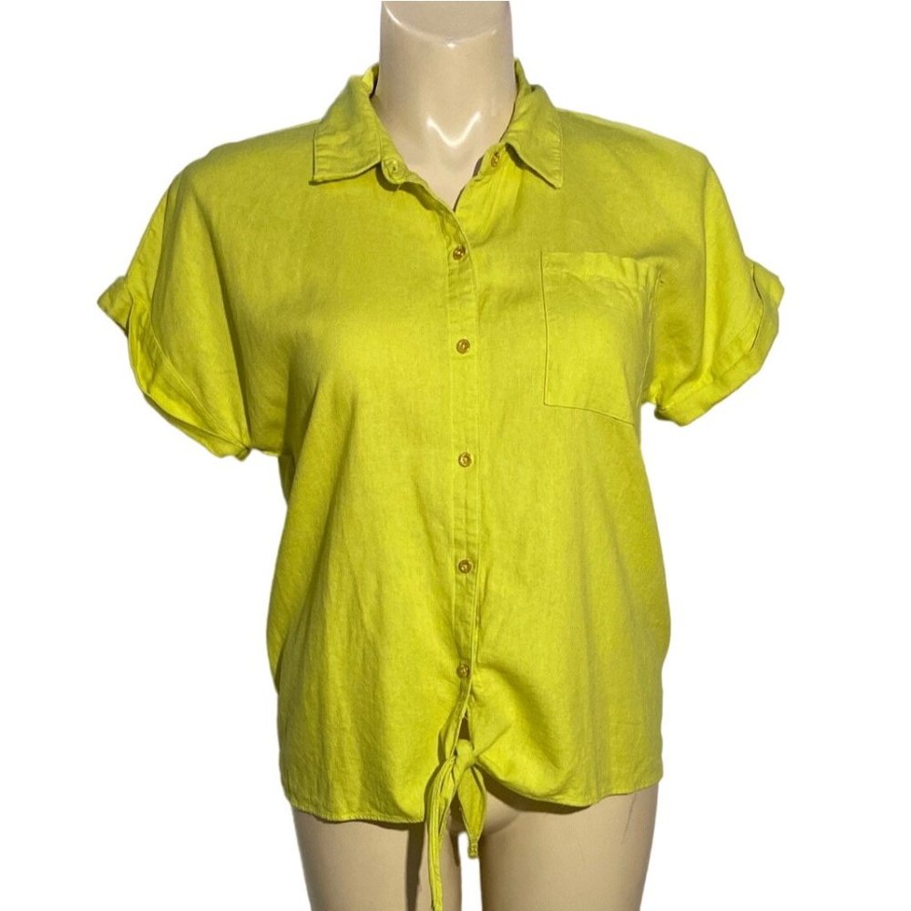 Ellen Tracy L Button Down Shirt Linen Bl Yellow Green Tie Front Short Sl Collar